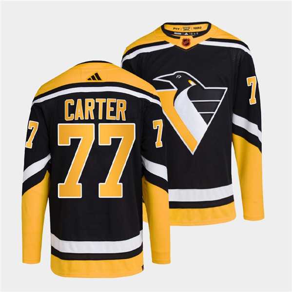 Mens Pittsburgh Penguins #77 Jeff Carter Black 2022 Reverse Retro Stitched Jersey Dzhi